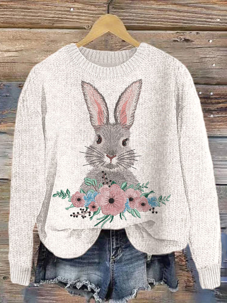 Bunny & Flower Embroidery Art Cozy knit Sweater artswardrobe