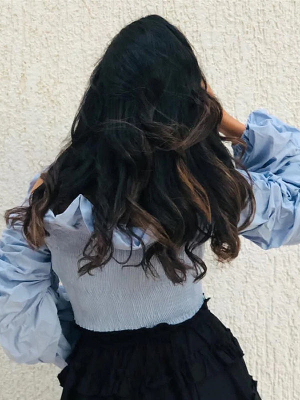 Long Sleeves Loose Elasticity Ruffle Trim Color Split-joint Off-the-shoulder Blouses&shirts Tops