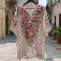 Bohemian Style Pink Flower Embroidery Thin And Light Vintage V-neck Top elevenforest