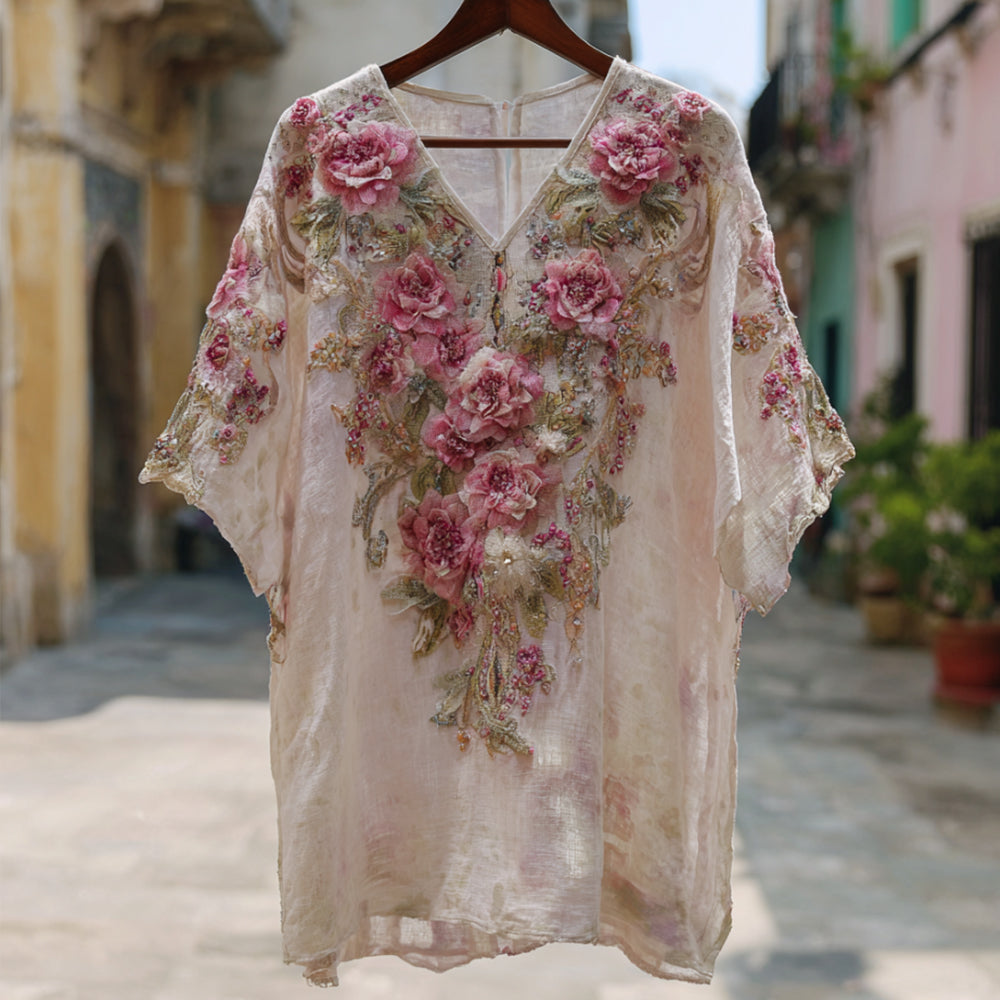 Bohemian Style Pink Flower Embroidery Thin And Light Vintage V-neck Top elevenforest