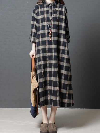 Loose Plaid Ramie Cotton Blouse Midi Dresses