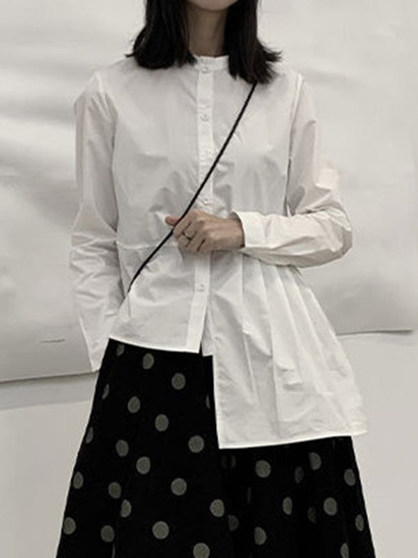 Long Sleeves Asymmetric Buttoned Pleated Color Round-neck Blouses&shirts Tops