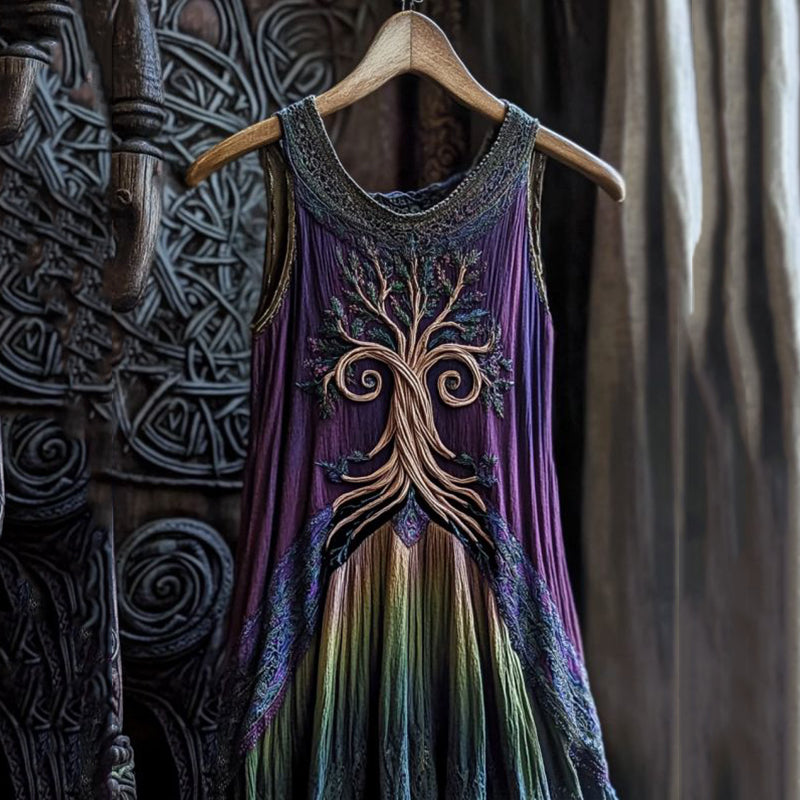 Vintage Viking Celtic Tree Gradient Linen Comfy Midi Dress elevenforest