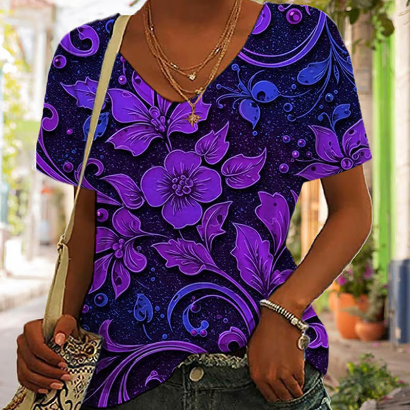 Women's Purple Floral Print Casual T-shirt elevenforest