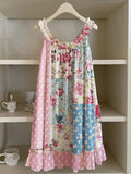 Cottage Floral Patchwork Ruffle Trim Linen Dress elevenforest