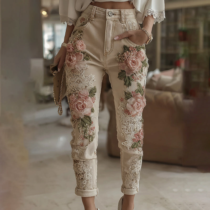 Women's Vintage Rose Embroidery Art Casual Jeans elevenforest