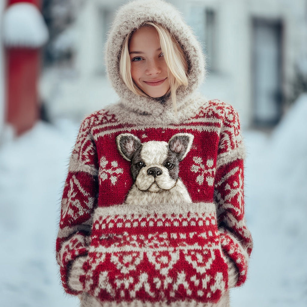 Comstylish Vintage Christmas Boston Terrier Dog Hooded Isle Sweater