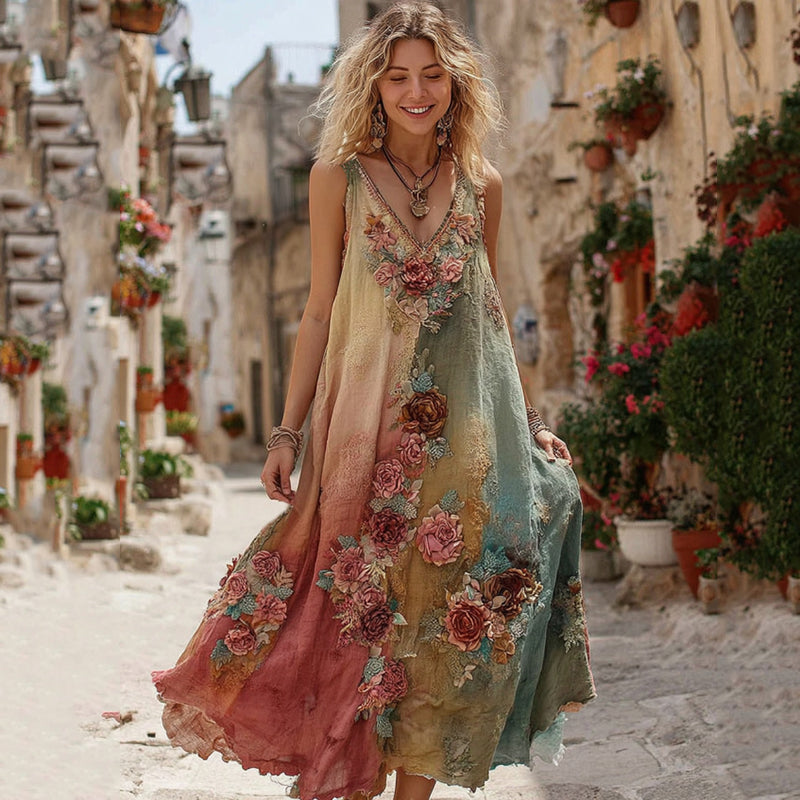 The Ice Cream Collection Women's Classic Bohemian Floral And Rose Gradient Art Linen V Neck Maxi Dress elevenforest