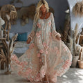 Women's Floral Art Flowy Linen Blend Casual Long Sleeve Maxi Dress elevenforest