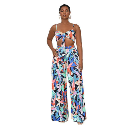 Summer Printed Strap Tube Top Cropped Clothing Wide Leg Pants Suit