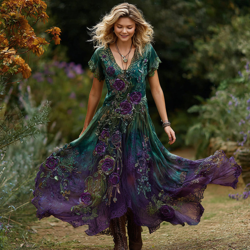 Women's Purple Rose Pattern Gradient Elegant V-neck Dress elevenforest