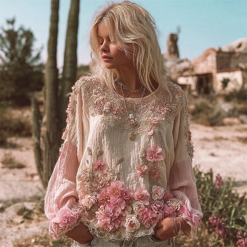 Vintage Floral Lace Embroidered Boho Women's Linen Long Sleeve Shirt elevenforest