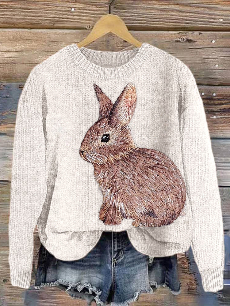 Embroidered Bunny Casual Cozy knit Sweater artswardrobe