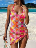 Women's Geometric Art Print Pleated Drawstring V-neck Tankini Pantskirt Set Swimsuit