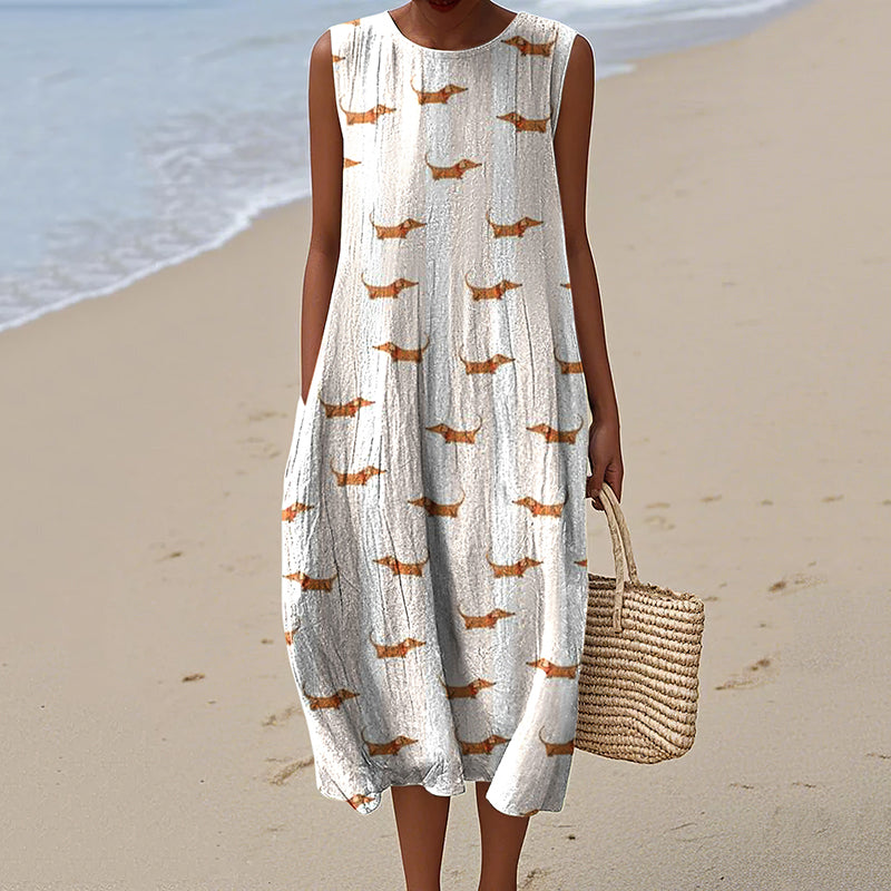 Women's Retro Dachshund Art Print Sleeveless Dress elevenforest