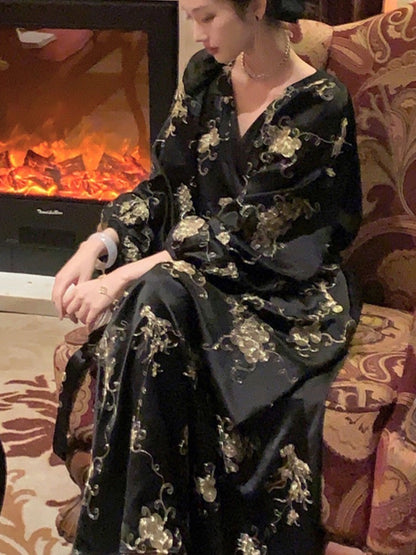 Printed Midi Dress Lantern Sleeve V-neck Autumn French Female Evening Party Prom Robe Vestidos Mujer New