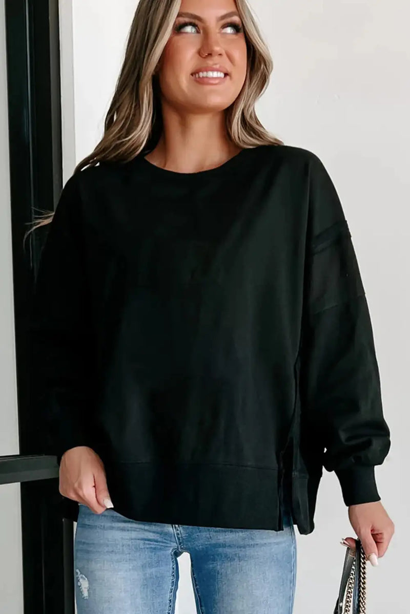 Edgy Black Drop Shoulder Sweatshirt With Slits