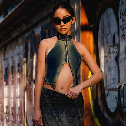 Hipster Y2k Denim Summer Crop Top Zipper Split Sleeveless Backless Halter Tops