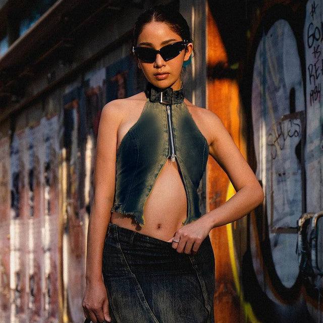 Hipster Y2k Denim Summer Crop Top Zipper Split Sleeveless Backless Halter Tops