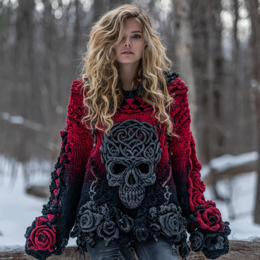 Women's Vintage Rose And Skull Gradient Art Cozy Knit Sweater elevenforest