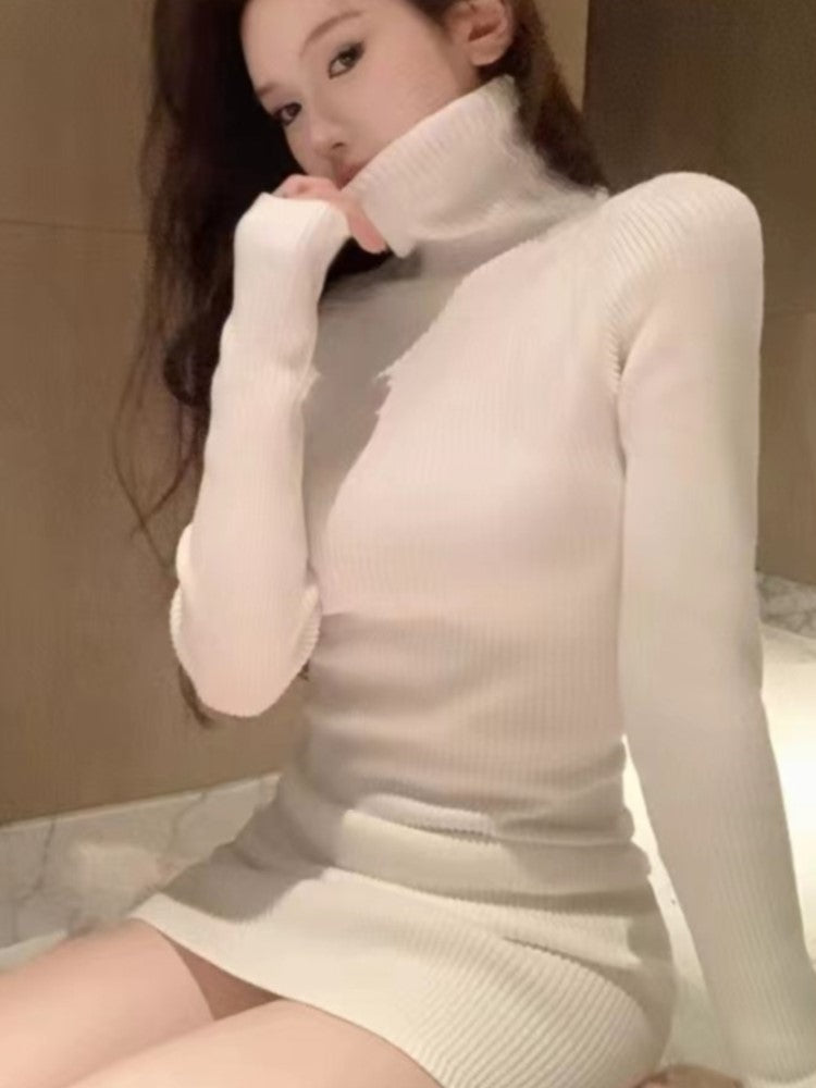 Korean Style Knitted Dress Long Sleeve Turtleneck Autumn Simple Mini Dresser Y2k Wrap Hip Vestidos New