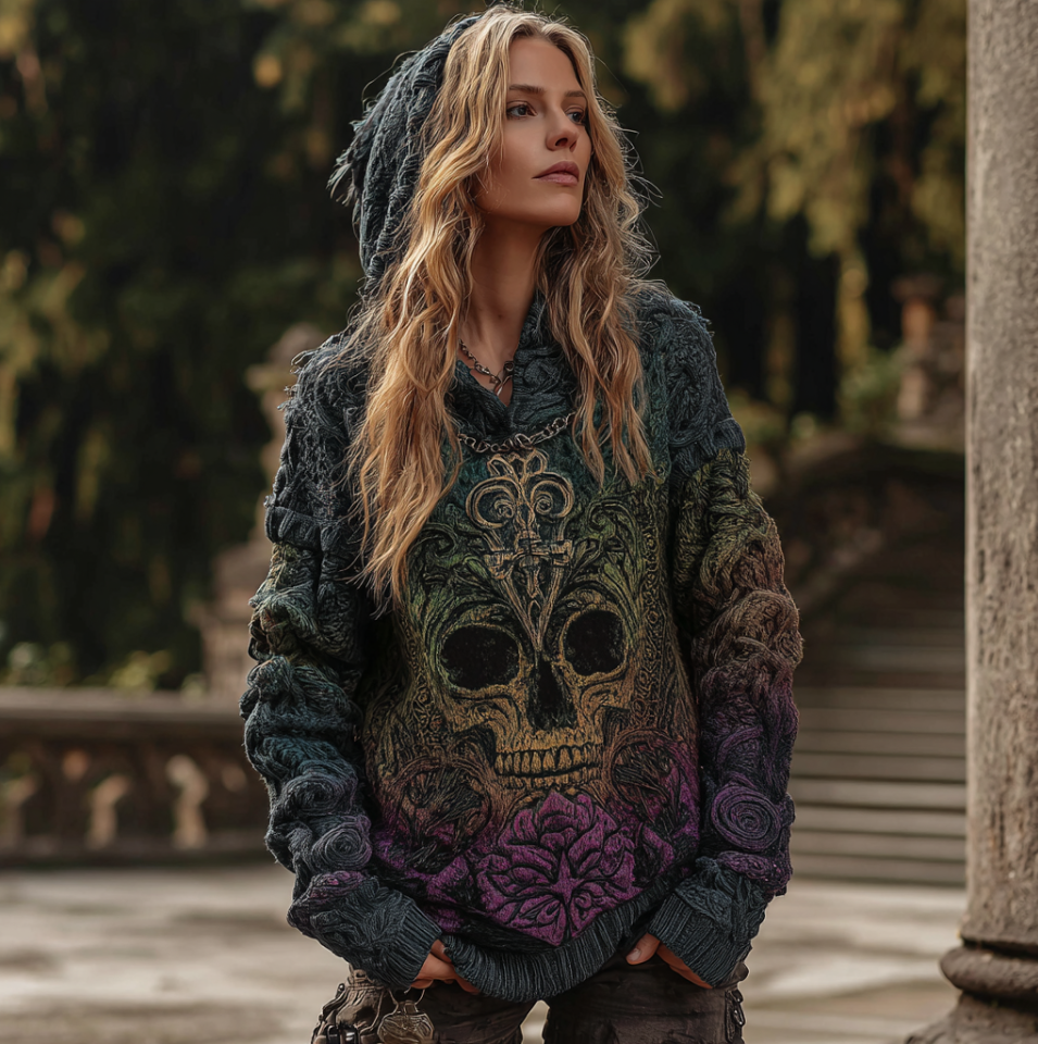 Comstylish Women's Gradient Color Hooded Long Sweater With Viking Style Tribal Totem