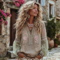 Women's Greece Vacation Greek Key With Floral Print Tops elevenforest
