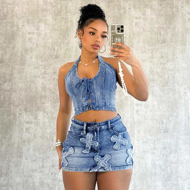 Summer Denim Embroidery Set Sleeveless Bandage Hollow Backless Tops Bodycon Mini Skirts Two Piece