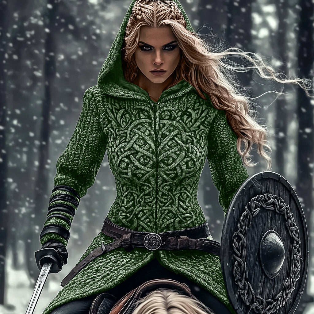 Women's Viking Tribal Jacquard Celtic Chunky Knit Zip-up Hooded Sweater elevenforest