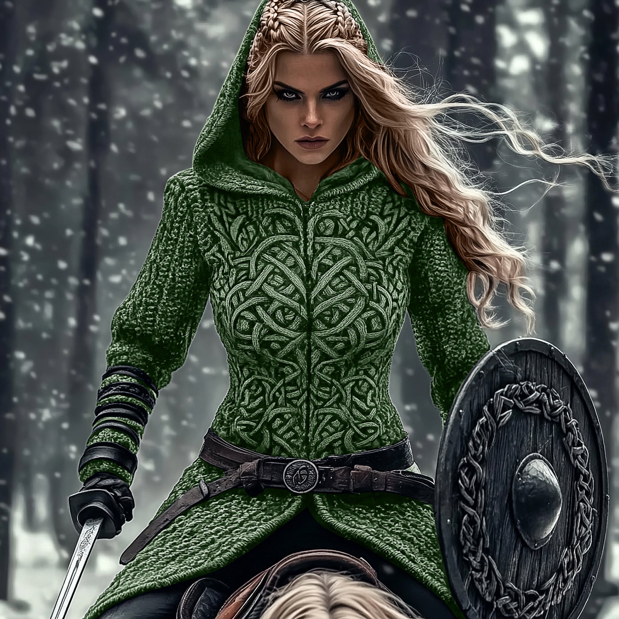 Women's Viking Tribal Jacquard Celtic Chunky Knit Zip-up Hooded Sweater elevenforest