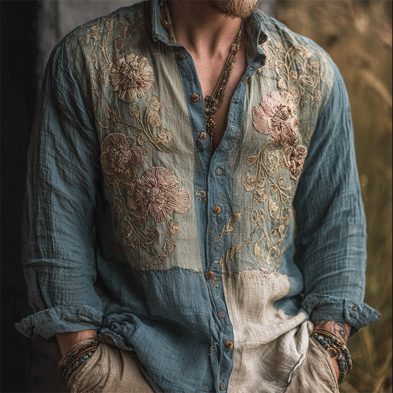 Men's Boho Floral Embroidered Colorblock Patchwork Linen Shirt elevenforest