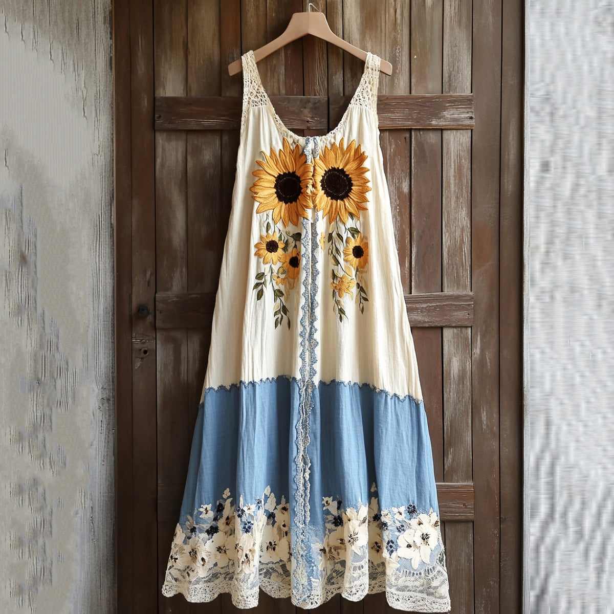 Women's Retro Sunflower Lace Embroidered Art Tank Dress elevenforest