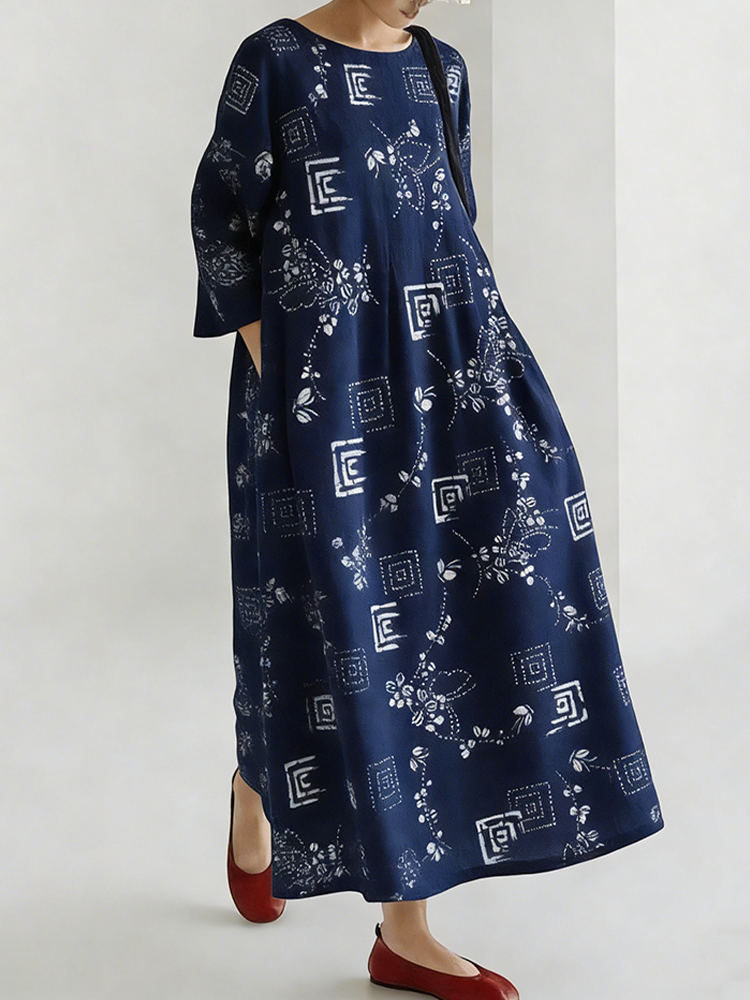Comstylish Japanese Art Retro Style Geometric Printed Women's Dress