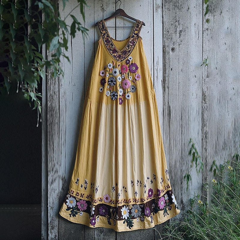 Boho Sunflowers Embroidered Gradient Lace Patchwork Linen Dress elevenforest