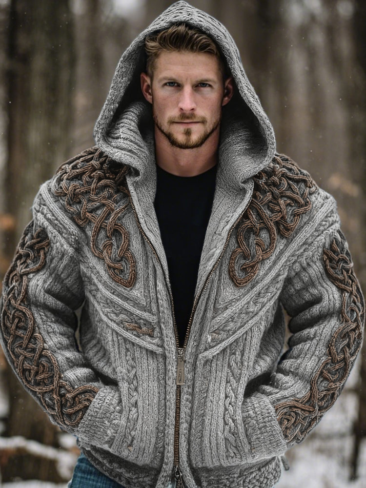 Men's Vintage Viking Celtic Knot Art Chunky Knit Hooded Zip-up Sweater artswardrobe