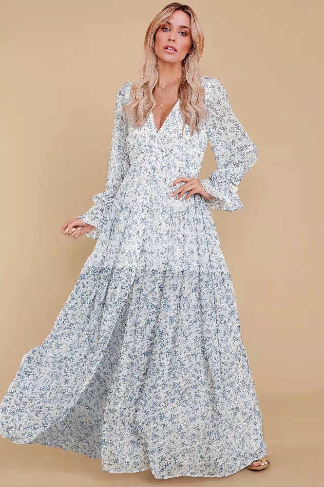 Puff Sleeve V-neck Ruffle Hem Maxi Dress