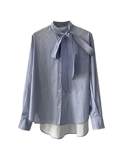 Long Sleeves Loose Buttoned Pockets Striped Tied Mock Neck Blouses&shirts Tops