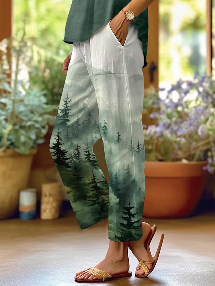 Comstylish Women's Forest Plant Print Casual Pants