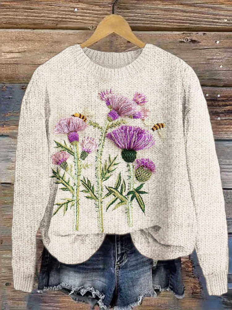 Scottish Thistle Flower Embroidery Women's Knit Sweater artswardrobe