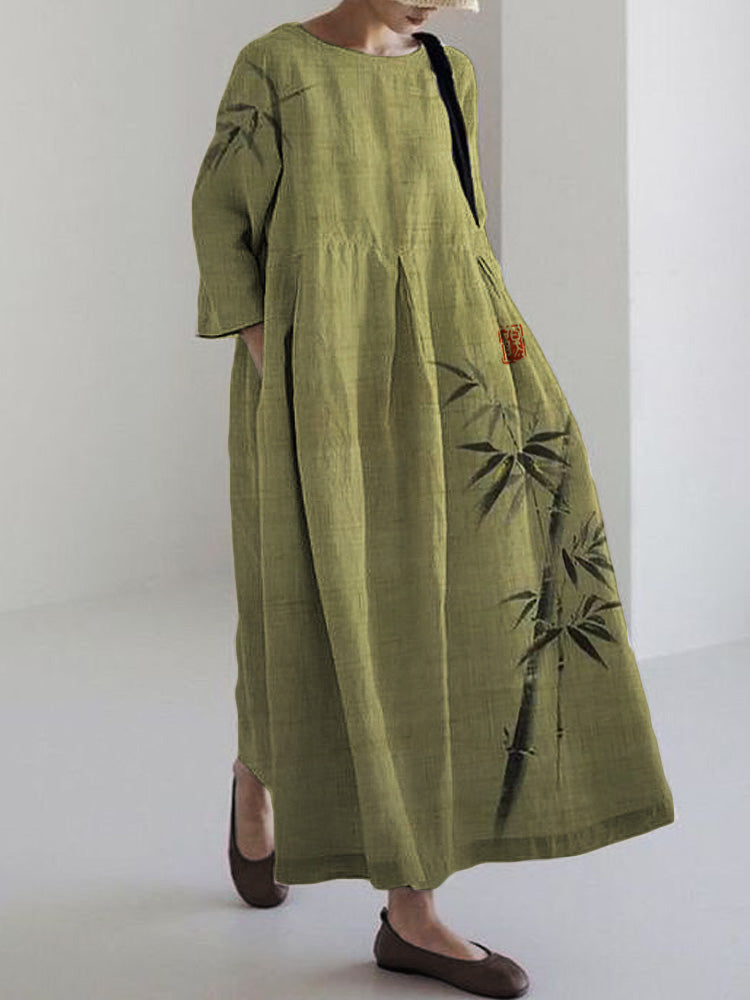 Classy Bamboo Japanese Art Linen Blend Maxi Dress
