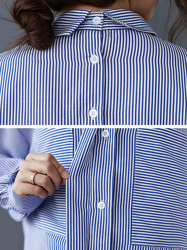 Loose Striped Split-joint With Pocket Lapel Collar Long Sleeves Blouse