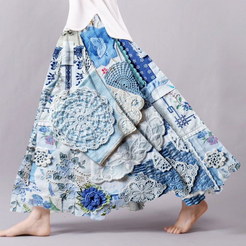 Vintage Bohemian Patch Textile Linen Skirt elevenforest