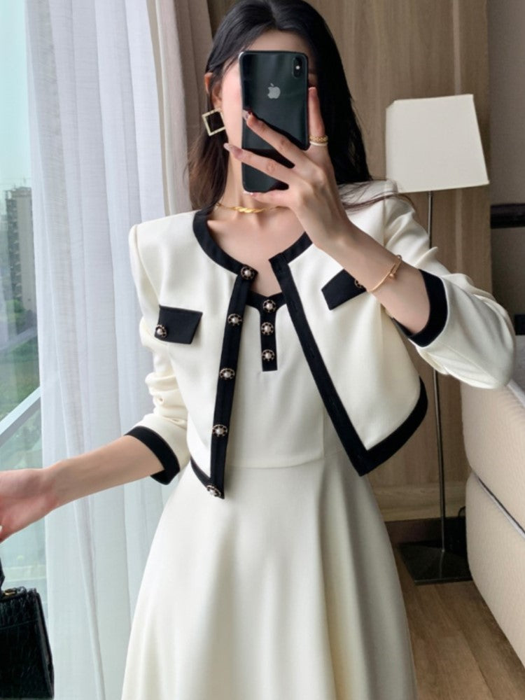 2-piece Dress Set for Lady Cropped Coat A-line Midi Camisole Dresses Slim Korean Female Suit Spring Autumn New