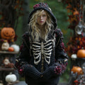 Comstylish Women's Halloween Rose And Skull Embroidery Cozy Knit Hooded Sweater