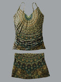 V-Neck Vintage Mandala Art Print Suspender Skirt Tankini Pantskirt Set Swimsuit