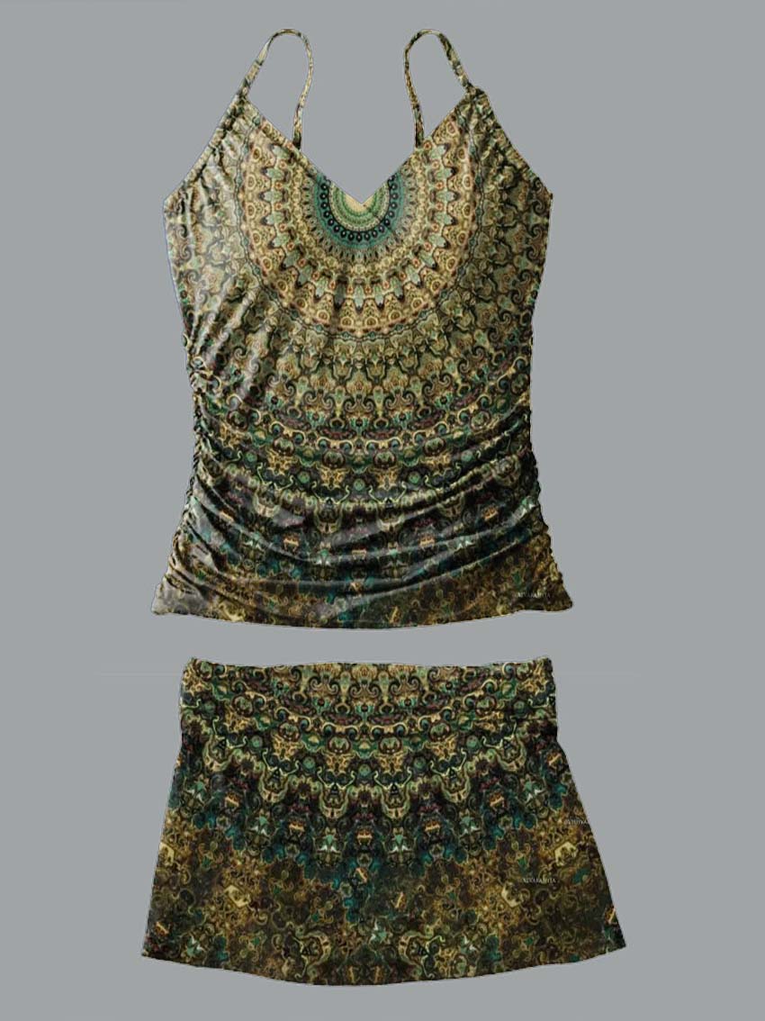 V-Neck Vintage Mandala Art Print Suspender Skirt Tankini Pantskirt Set Swimsuit