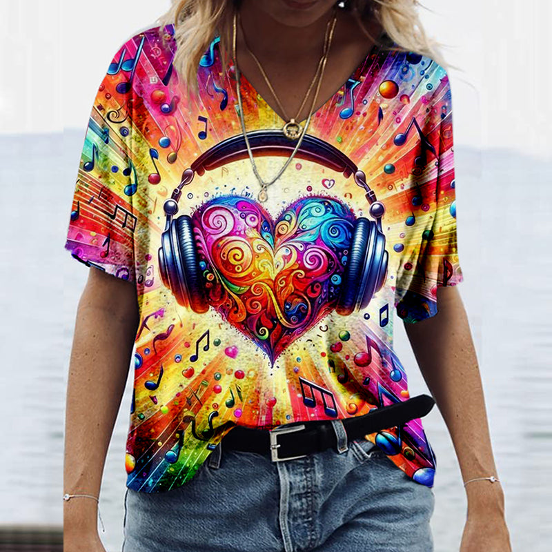 Comstylish Musical Notes Art Pattern V Neck Cozy T Shirt