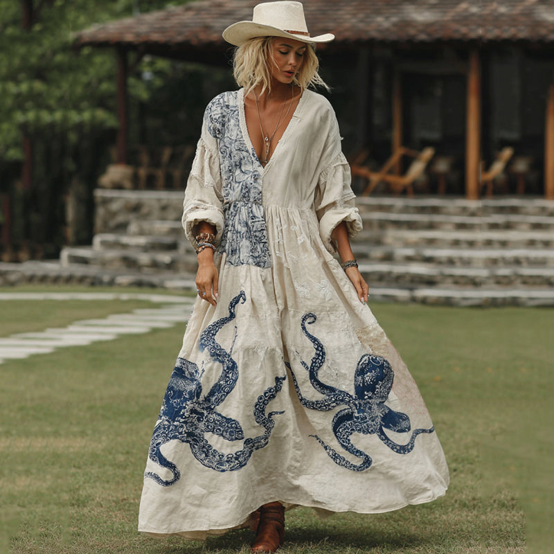 Classy Japanese Octopus Art Casual Linen Maxi Dress elevenforest