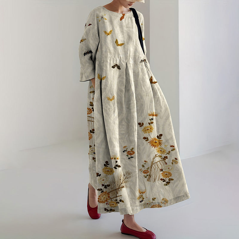 Comstylish Women's Japanese Flower And Butterfly Art Print Midi Dress