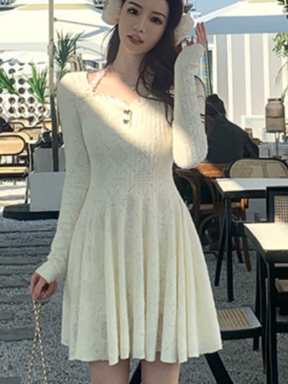 Autumn Winter Knitted Dress Long Sleeve A-line Korean Slim Female Birthday Party Prom Vestidos Mini Dresses